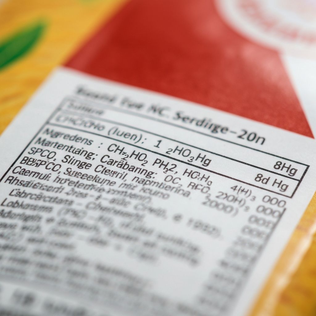 Ételmiszercímke közeli felsorolása rövidítésekkel és műszaki jelölésekkel